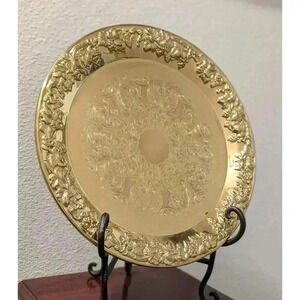 Vintage Ornate Brass Round Tray Raised Grapevine 13.75”